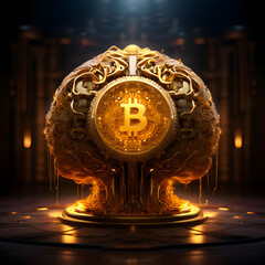 Golden brain with 3D Bitcoin coin neural networks illuminated, symbolizing the cognitive processes involved in research and discovery