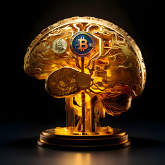 Golden brain with 3D Bitcoin coin neural networks illuminated, symbolizing the cognitive processes involved in research and discovery