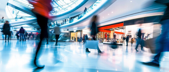 Blurred figures of shoppers in a shopping center, abstract background