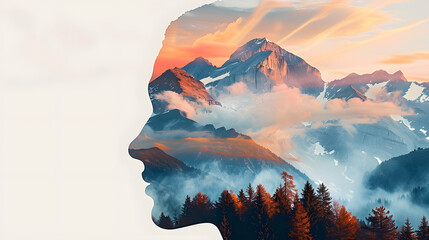 Double exposure combines a man's face, high mountains and forest. Panoramic view. The concept of the unity of nature and man. Dream, reminisce or plan a climb. Memory of a mountaineer. Illustration.