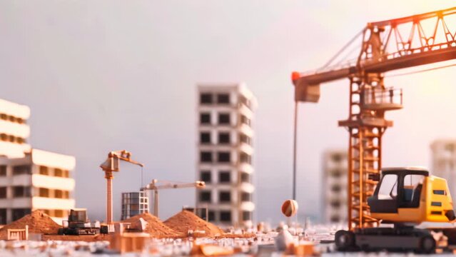 Miniature construction site with cranes and machinery. Real estate development and urban construction concept.