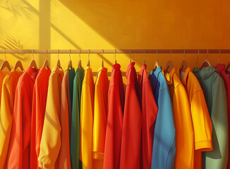 Hangers with bright clothes as background, closeup. Rainbow colors