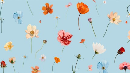 Fototapeta na wymiar Whimsical flower doodles floating on a dreamy flat blue background
