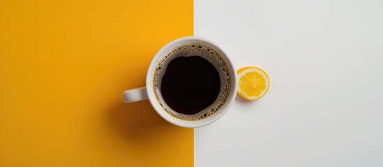 Coffee cup seen from above on a yellow and white backdrop.