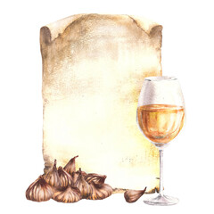 Dried figs fruit with glass of white wine or juice on vintage paper background. Alcoholic beverage drink menu, wine list template, liquor, schnapps label. Watercolor food painted illustration Isolated