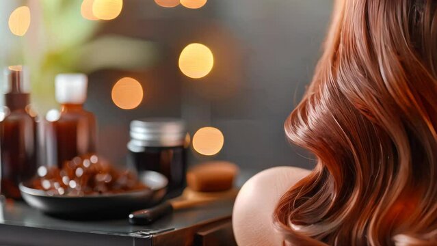 Luxurious curly hair and haircare products with bokeh lights on dark background. Hair salon and beauty concept.