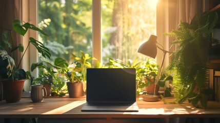 A tranquil and bright workspace by a window, a laptop and an array of vibrant houseplants, embodying a modern and refreshing home office atmosphere