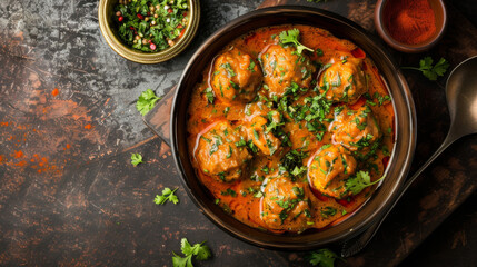 Savory bangladeshi curry with meatballs garnished with fresh herbs, served in a pot - obrazy, fototapety, plakaty