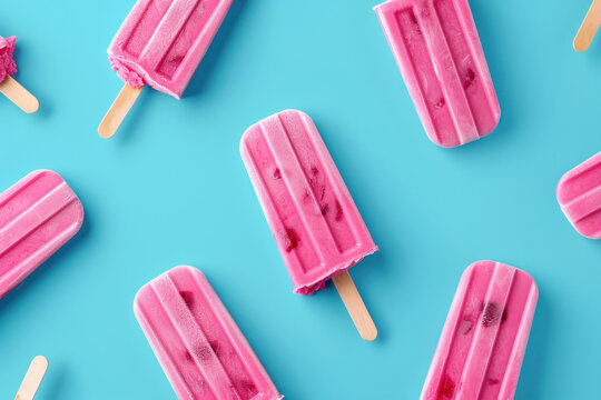 Pink ice cream popsicles on a blue background, delicious frozen treats for summer enjoyment