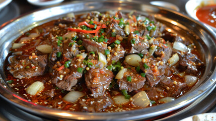 Traditional beef curry with onions and sesame seeds, a popular dish in bangladeshi cuisine - obrazy, fototapety, plakaty