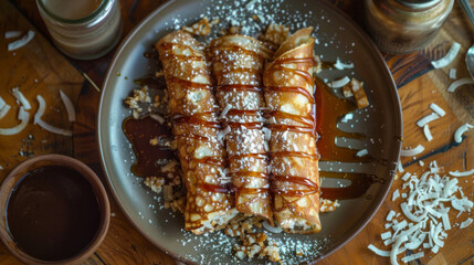Delectable patishapta, a bengali pancake dessert, served with syrup and shavings - obrazy, fototapety, plakaty