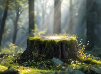 A 3d digital rendering of a mossy forest with filtered sunlight.
