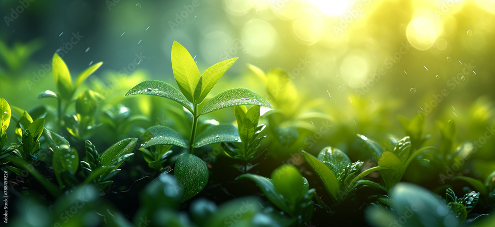 Aufkleber closeup of nature view of green leaves on blurred greenery background in forest. leave space for let