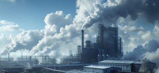Modern industrial plant 3d visualization, production manufacturing factory with smoking chimneys causing pollution 3d render illustration