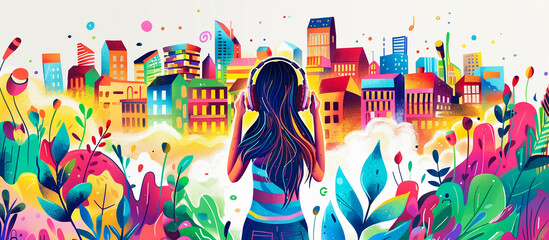 a young woman wearing headphone listeing music with colorful cityscape view - obrazy, fototapety, plakaty