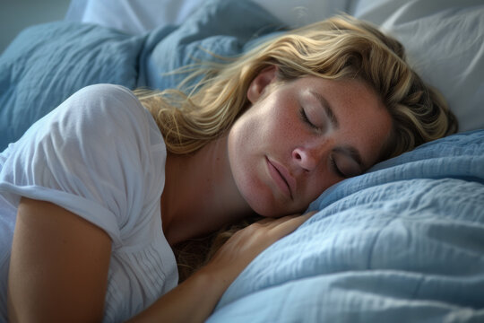 femme en train de dormir repos&eacute;e et calme &agrave; la lueur de la lumi&egrave;re du matin