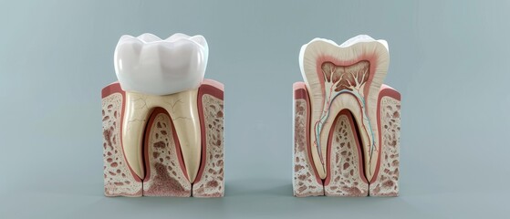 A 3D educational tool illustrating the cross-section of baby teeth versus adult teeth, showing developmental differences