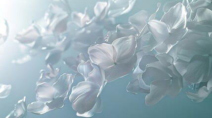 an ethereal cascade of translucent petals, delicately suspended in the air, creating an illusion of weightlessness and fluidity.