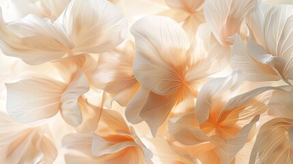 an ethereal cascade of translucent petals, delicately suspended in the air, creating an illusion of weightlessness and fluidity.