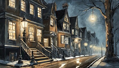 Illustrate a nighttime urban scene where streetlights create dynamic shadows from a row of Victorian townhouses - obrazy, fototapety, plakaty