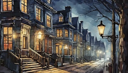 Illustrate a nighttime urban scene where streetlights create dynamic shadows from a row of Victorian townhouses