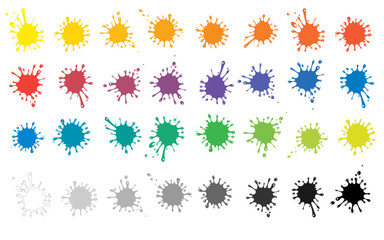 Rainbow splash background. Set of colored blots on the white background. 24 colors set. back to school. art and craft projects, scrapbooks. Circular stains. Hand drawing of banner, label, frame shape.