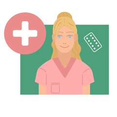 Nice female blond nurse character in pink clothing on green background for icons, profile, apps, wallpapers, posters