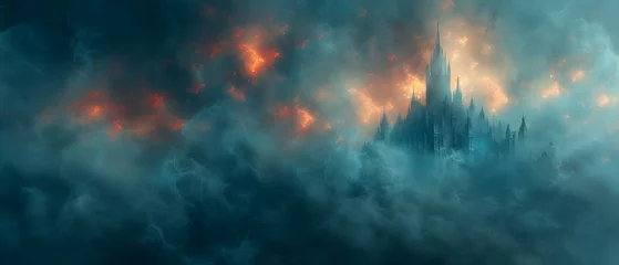 Fotobehang Celestial Citadel: A Dreamlike Realm Beyond the Veil of Night. Concept Fantasy, Realm, Dreamscape, Ethereal, Citadel © Anastasiia