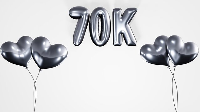 70k , 70000 followers, subscribers, likes celebration background with heart shaped helium air balloons and balloon texts on white background 8k illustration.	