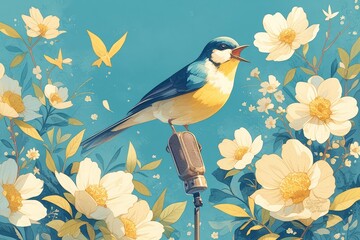 Bird singing into an old microphone, surrounded by flowers and foliage