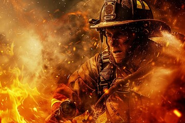 a firefighter holding a fire hose in front of a blazing background