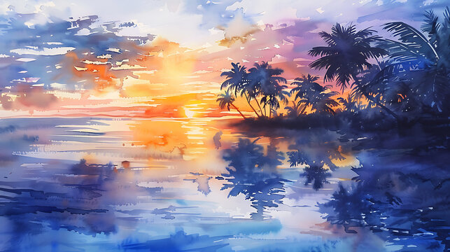 Sunset near the sea water and coconuts tree, acrylic painting