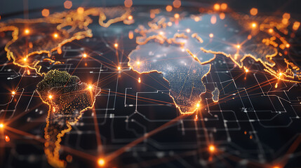 Digital communication hub World map global connectivity linking global locations