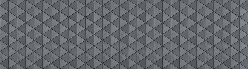 Abstract gray grey white triangular cement concrete stone mosaic tiles, tile mirror or wallpaper texture with geometric hexagon triangles background banner panorama, seamless pattern.