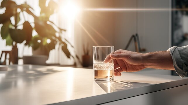A person is reaching for a glass of water on a kitchen counter