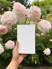 Mockup with blank greeting card in hand with flowers and plants background. Concept invitation wedding, birthday with place for text
