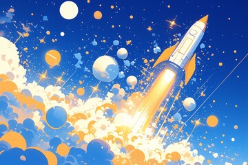A blue background with stars and clouds, with an illustration of a rocket flying in the sky 