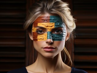 Portrait of a woman with color and simbols of flag painted on her face.