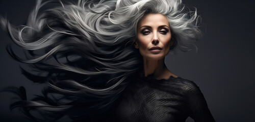 Vision of Elegance: Woman with Whirlwind Grey Hair - 788462452