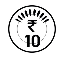 Indian 10 rupees coin. The coin is depicted in black and white. Vector illustration.