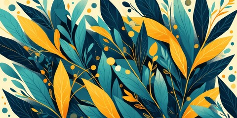 A botanical illustration of leaves and plants in an abstract style