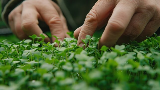 Photo of microgreen and person's hands in shot, healthy food and vegan diet concept, plant on a blurred background, AI generated image