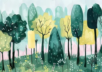 Tuinposter cute boho forest with tree in oilpaint style background © lemonmoon