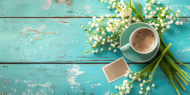 A refreshing spring-themed conceptual image with a coffee cup among lily of the valley flowers on a rustic background