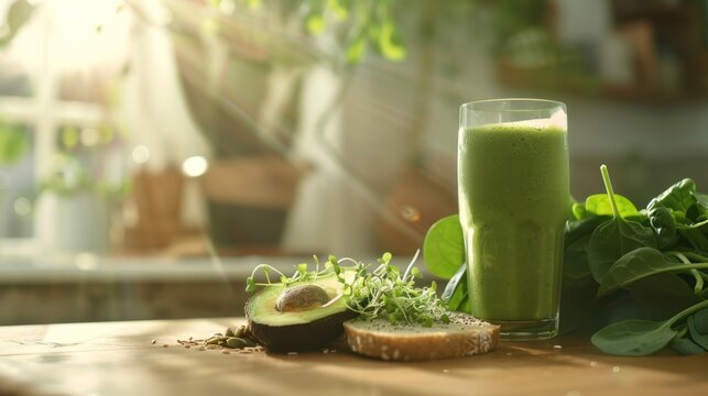Toast with avocado and microgreens, glass with smoothie, healthy breakfast or snack, vegan nutrition, AI generated
