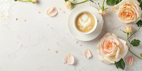 Artful cappuccino coffee with a frothy heart surrounded by pastel pink roses, speaks to love and tenderness - obrazy, fototapety, plakaty