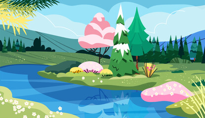 Spring lake with trees, flowers in a green natural landscape. Vector cartoon nature scenery