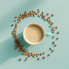 A top-down view of a pastel blue coffee cup surrounded by a spiral of rich coffee beans on a soft turquoise background, illustrating creativity and vibrancy