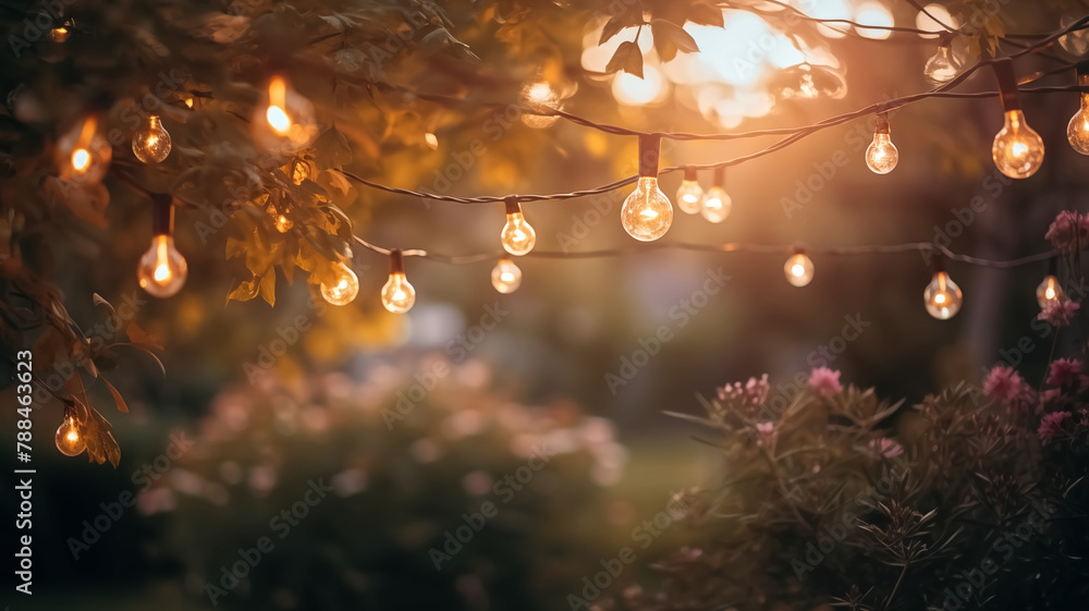Poster string of lights hanging on a tree at dusk. warm outdoor lighting with a bokeh effect for a cozy atm