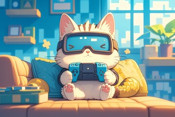 A cat wearing VR glasses, sitting on the sofa with his paws placed on its head and watching an interactive video
